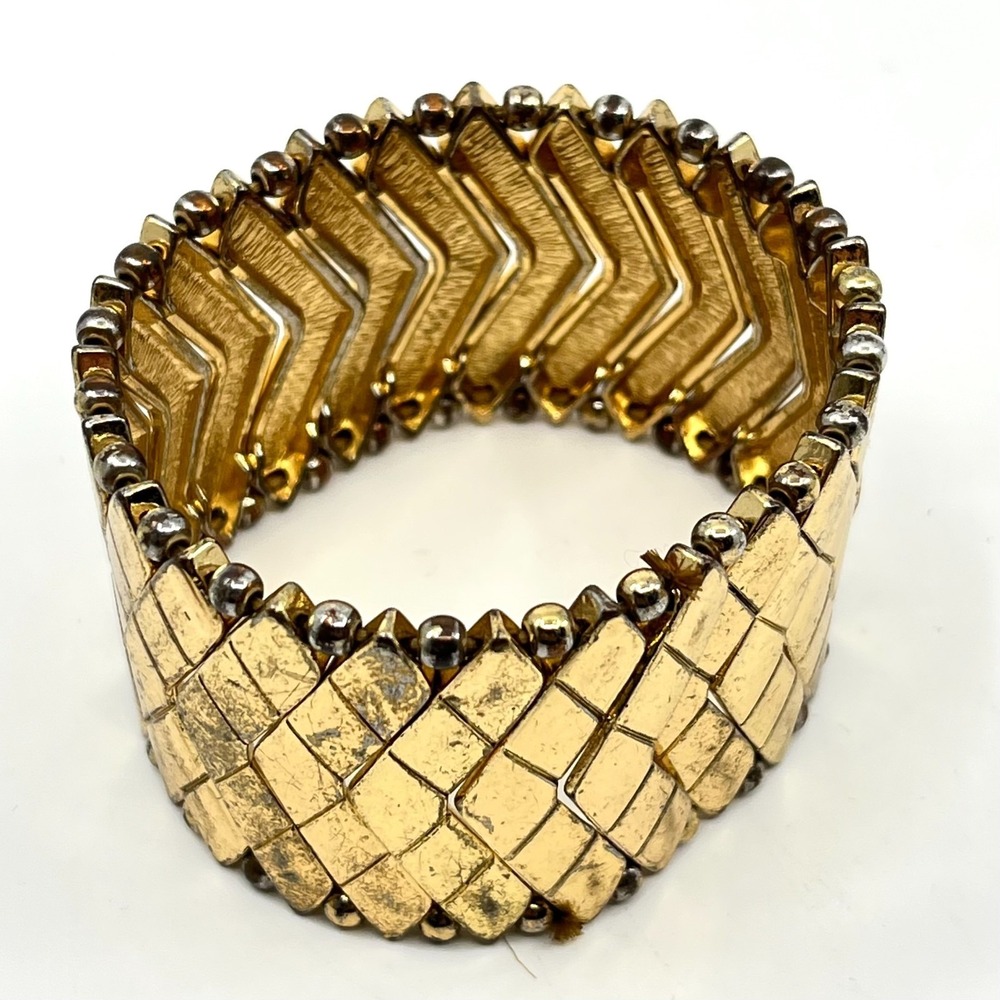 Vintage Gold Tone Chevron Stretch Cuff Bracelet Retro Geometric Textured Chunky